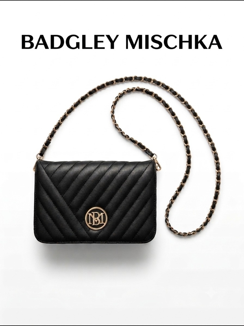Badgley Mischka Black Quilted Chain-Strap Crossbody with Gold Logo